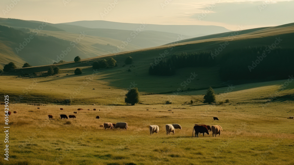 grassy meadows on the hills of ukrainian highlands. sustainable life in carpathian rural area. Generative AI
