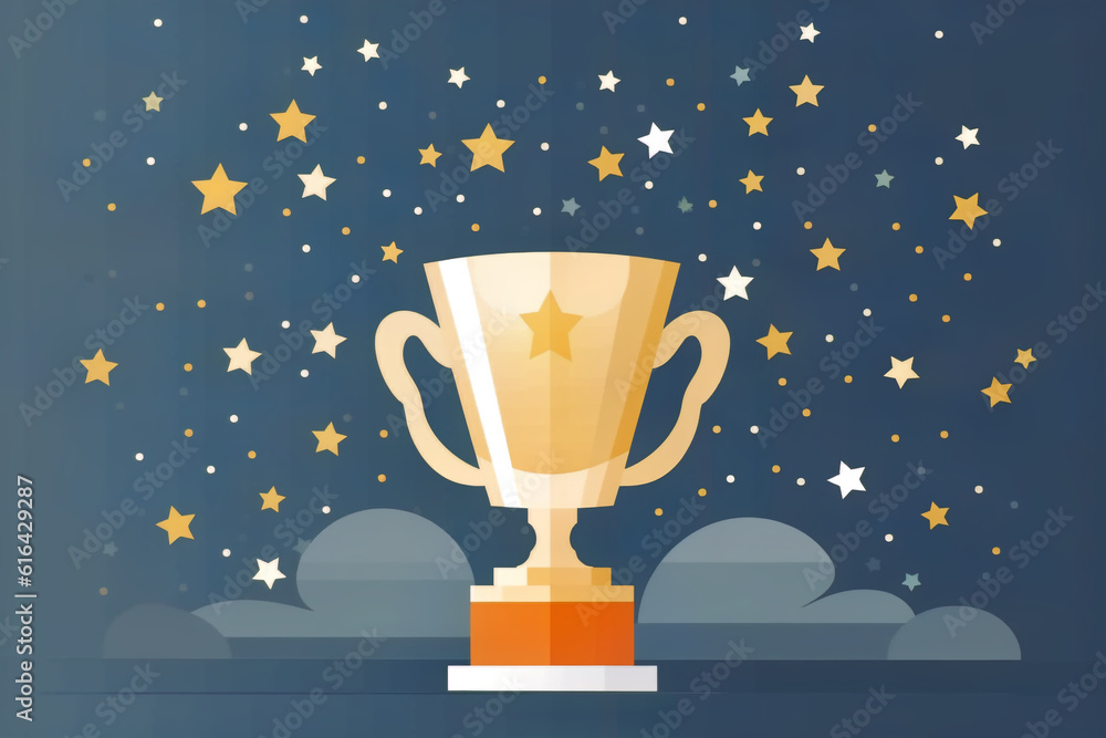 Drawing of the winner's cup on a blue background. First place. Victory. Drawing of the winner's cup on a blue background. First place. Victory.