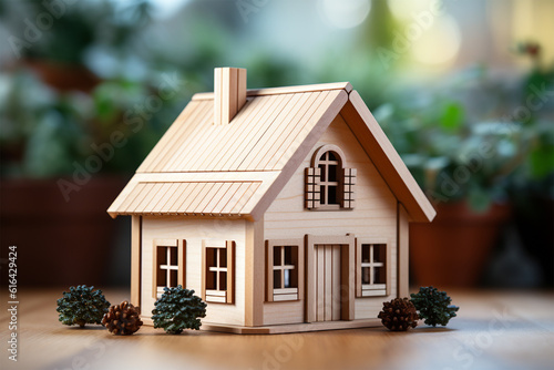 Wooden house model on wood background, a symbol for construction , ecology, loan, mortgage, property or home.