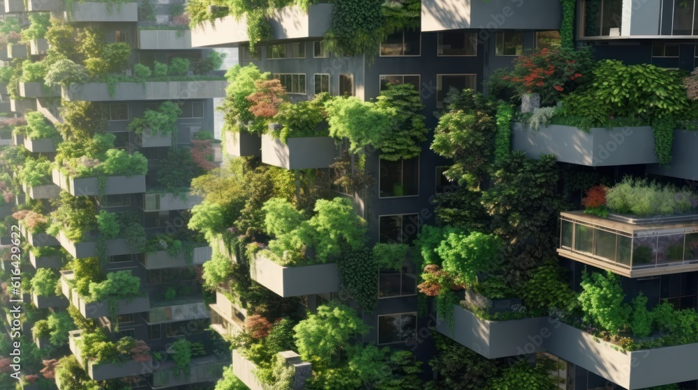 Vertical gardens rising among skyscrapers. The walls of green plants and climbing plants that surround the buildings represent the fusion of nature and modern urban life. Created with Generative AI.