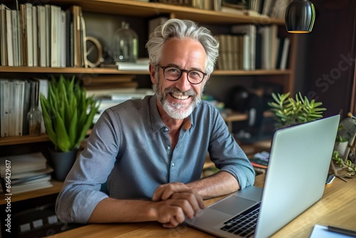 Casual mid adult man with laptop computer at desk in home office, banking online, remote working. Portrait of happy older gray haired bearded guy smiling. Businessman managing business on internet