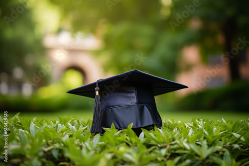 Graduation,Close Up certificate paper and education cap on green grass spring time in the outdoor park.Concept education congratulation.
