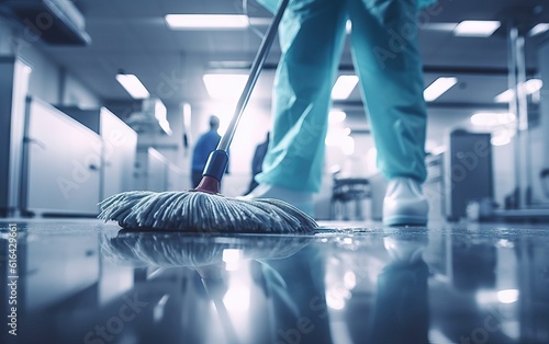 Cleaning and desinfectant a medical clinic concept, blue close up mop image. photo