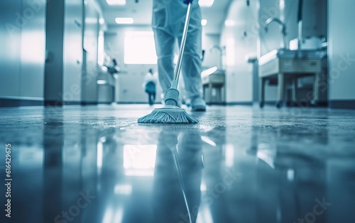 Close up cleaning staff cleans the floor of an operating room with a mop.