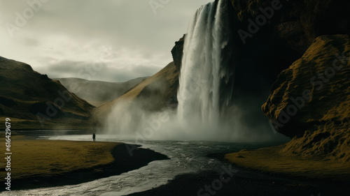 Inside beautiful icelandic cascase with high mountains and majestic natural landscapes in iceland. Seljalandsfoss waterfall with freezing water and rocks  flowing down off cliff. Generative AI