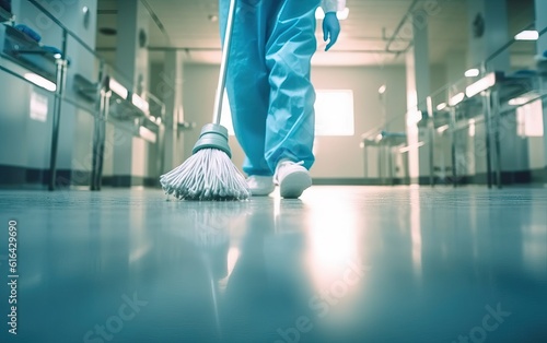 Cleaning and desinfectant a medical clinic concept, blue close up mop image.