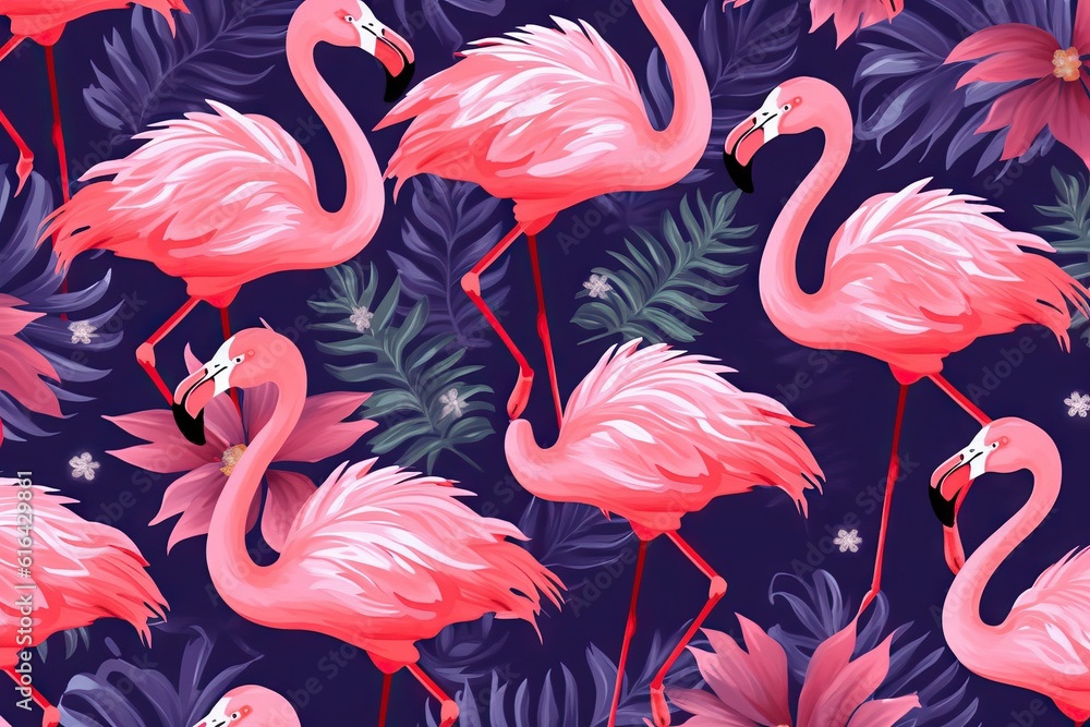 Obraz premium Seamless pattern of flamingo, tropical leaves of palm tree.Tile texture. Simple seamless pattern for fabric, textile, gift wrap, and wallpaper.