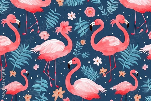 Seamless pattern of flamingo, tropical leaves of palm tree.Tile texture. Simple seamless pattern for fabric, textile, gift wrap, and wallpaper.