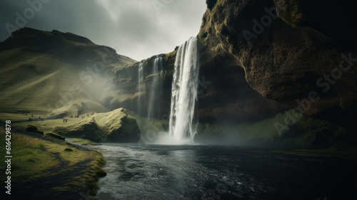 Inside beautiful icelandic cascase with high mountains and majestic natural landscapes in iceland. Seljalandsfoss waterfall with freezing water and rocks  flowing down off cliff. Generative AI