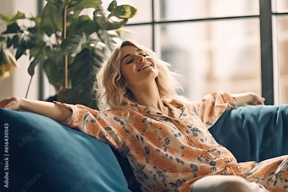 Happy woman relaxing on the sofa at home - Smiling girl enjoying day ...