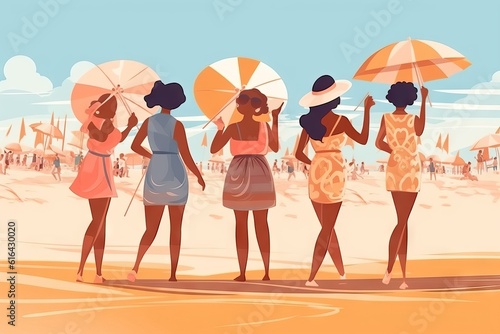 group of women beach, vectorial style illustration, vintage swimsuits, summer vacation holiday concept