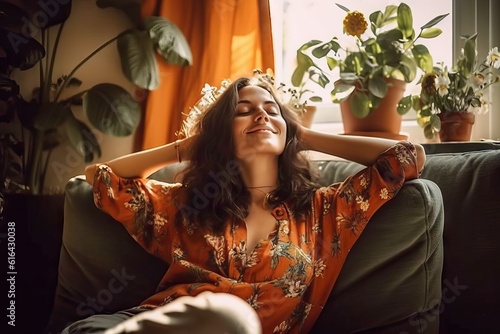 Happy woman relaxing on the sofa at home - Smiling girl enjoying day off lying on the couch, Healthy life style, good vibes people and new home concept
