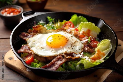 Fried eggs with bacon, cheese and vegetables. Keto diet. Food. Breakfast.