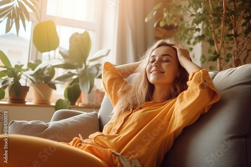 Happy woman relaxing on the sofa at home - Smiling girl enjoying day off lying on the couch, Healthy life style, good vibes people and new home concept photo