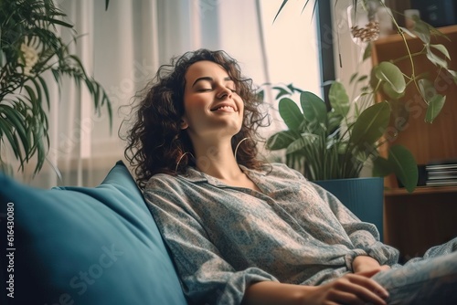 Happy woman relaxing on the sofa at home - Smiling girl enjoying day off lying on the couch, Healthy life style, good vibes people and new home concept
