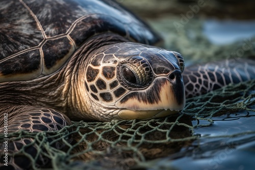 Turtle entangled in a fishing net © LeonPhoto