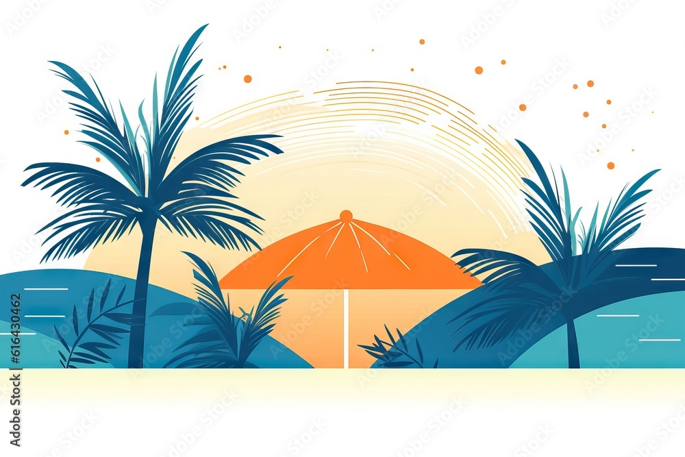 Gradient illustration beach during summer, holidays party, surf and beach day, gradient waves, sunset colors