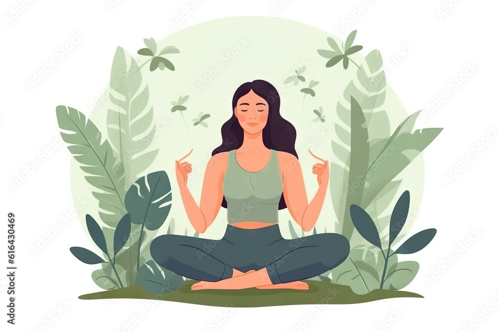 Model doing yoga illustration, Young women doing yoga exercise against the background of exotic plants Model doing yoga illustration, Young women doing yoga exercise against the background of exotic plants