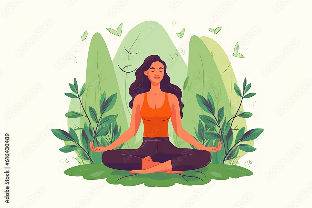 woman in meditation yoga post on greensward. Vector illustration style - obrazy, fototapety, plakaty 
