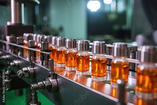 Pharmaceutical manufacture background with glass bottles with clear liquid. Macro Shot of Medical Ampoule Production