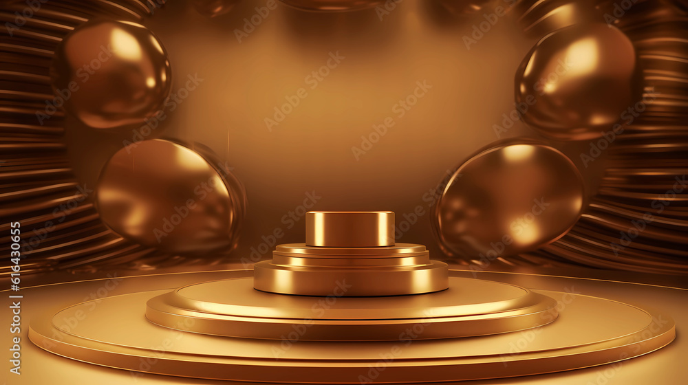 Golden podium for presentation product. Podium shaped gold luxury background.