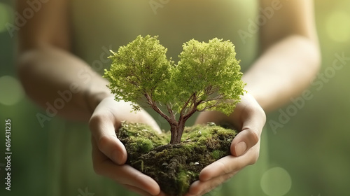 Close up of human hands holding green sprout in palms. Ecology concept