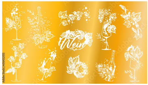Wine Designs - Collection of wine glasses and bottles. Hand drawn elements for invitation cards, advertising banners, menus in gold style. Wine glasses with splashing wine. Sketch vector illustration