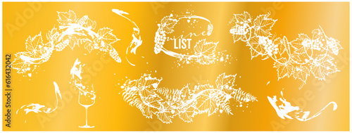 Wine Designs - Collection of wine glasses and bottles. Hand drawn elements for invitation cards, advertising banners, menus in gold style. Wine glasses with splashing wine. Sketch vector illustration