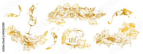 Wine Designs - Collection of wine glasses and bottles. Hand drawn elements for invitation cards, advertising banners, menus in gold style. Wine glasses with splashing wine. Sketch vector illustration