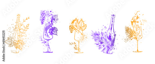 Wine Designs - Collection of wine glasses and bottles. Hand drawn elements for invitation cards, advertising banners, menus in gold style. Wine glasses with splashing wine. Sketch vector illustration