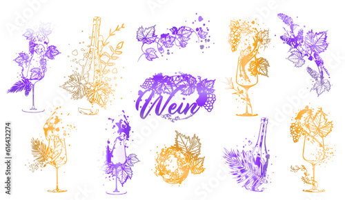 Wine Designs - Collection of wine glasses and bottles. Hand drawn elements for invitation cards, advertising banners, menus in gold style. Wine glasses with splashing wine. Sketch vector illustration