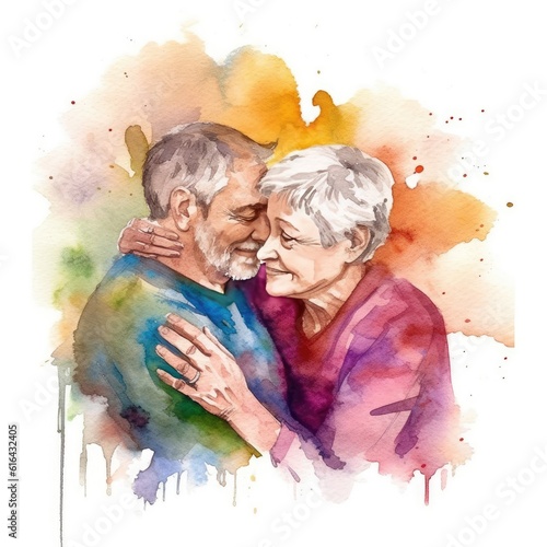 Watercolor painting of an LGBT couple aged fifty photo