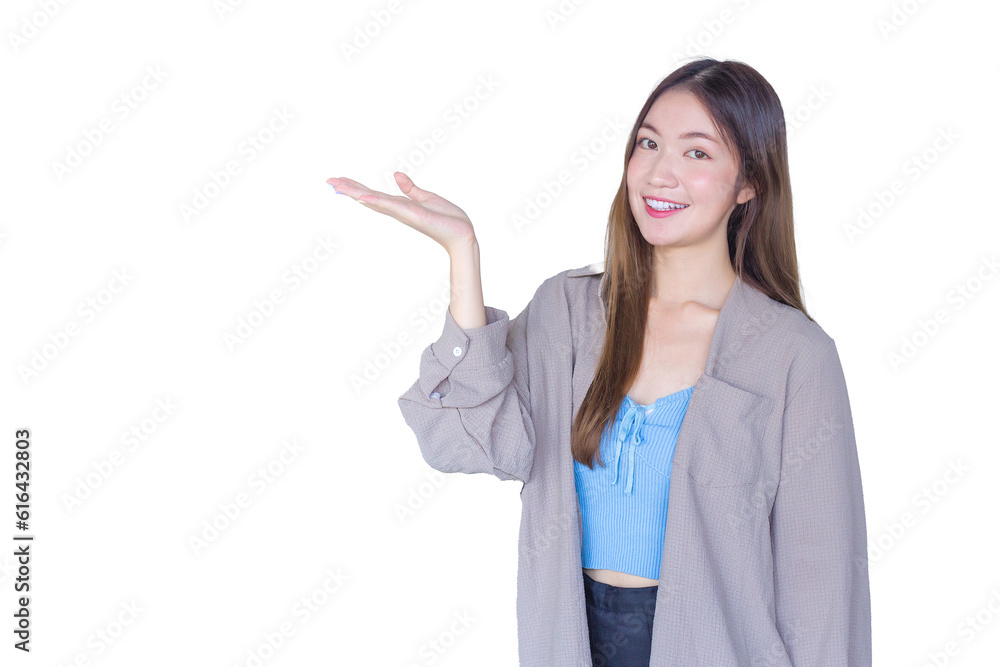 Beautiful young Asian woman long brown hair in a blue shirt is acting hand shows as presenting something isolated on white background. Beautiful young Asian woman long brown hair in a blue shirt is acting hand shows as presenting something isolated on white background.