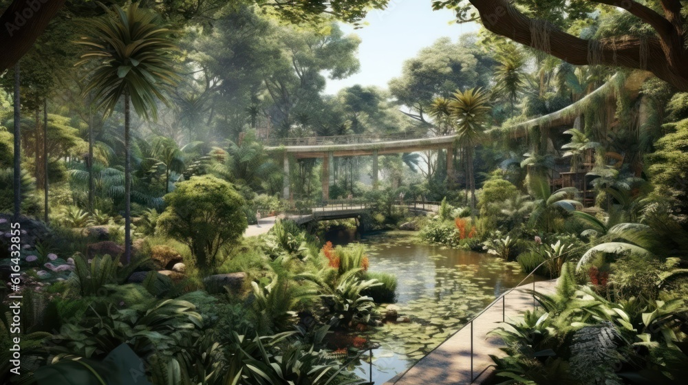 A botanical garden with many species of trees and plants. It emphasizes biodiversity and nature conservation. Created with Generative AI.
