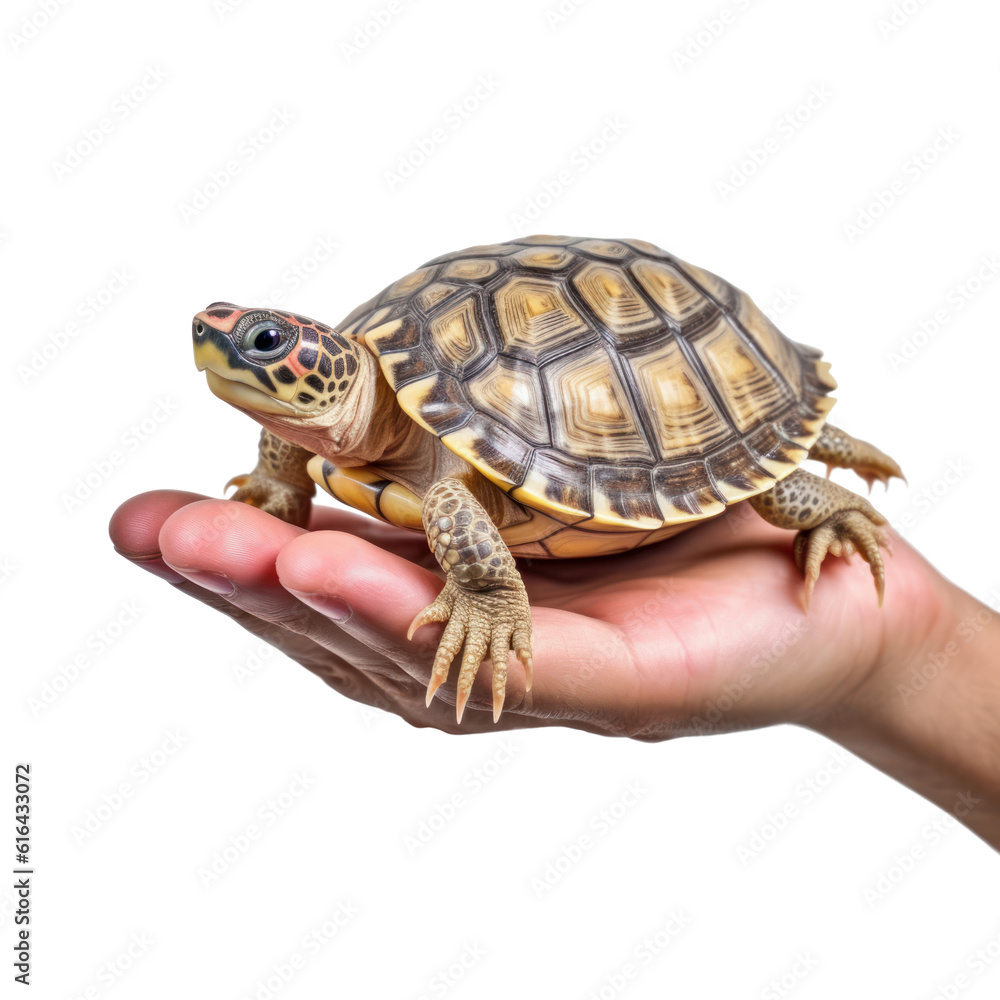 Obraz premium turtle in hand isolated on transparent background cutout