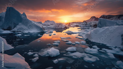 Grandiose icebergs float amidst the serene expanse of the Arctic Ocean