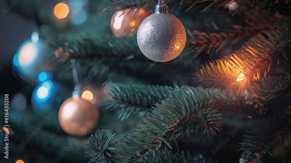 Christmas tree ornaments lights pine needles bokeh
