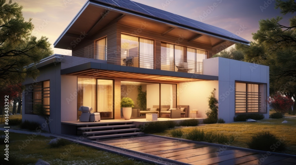 An energy efficient house equipped with high technology. It reflects an environmentalist lifestyle with solar panels, smart home systems and energy management. Created with Generative AI.