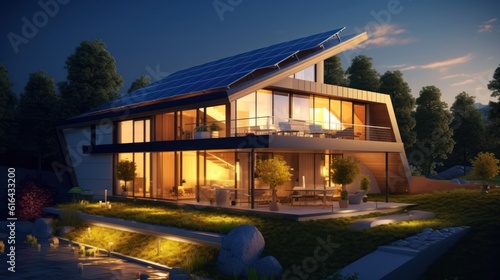 An energy efficient house equipped with high technology. It reflects an environmentalist lifestyle with solar panels, smart home systems and energy management. Created with Generative AI. photo