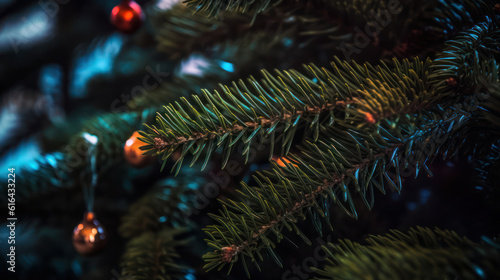 Christmas tree ornaments lights pine needles bokeh