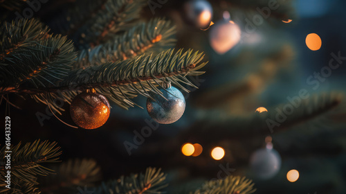 Christmas tree ornaments lights pine needles bokeh