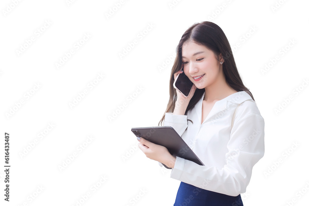 Portrait professional business Asian woman is walking to office or work place while she holds tablet in her hand and talks to customer on the phone with smartphone isolated on white background. Portrait professional business Asian woman is walking to office or work place while she holds tablet in her hand and talks to customer on the phone with smartphone isolated on white background.