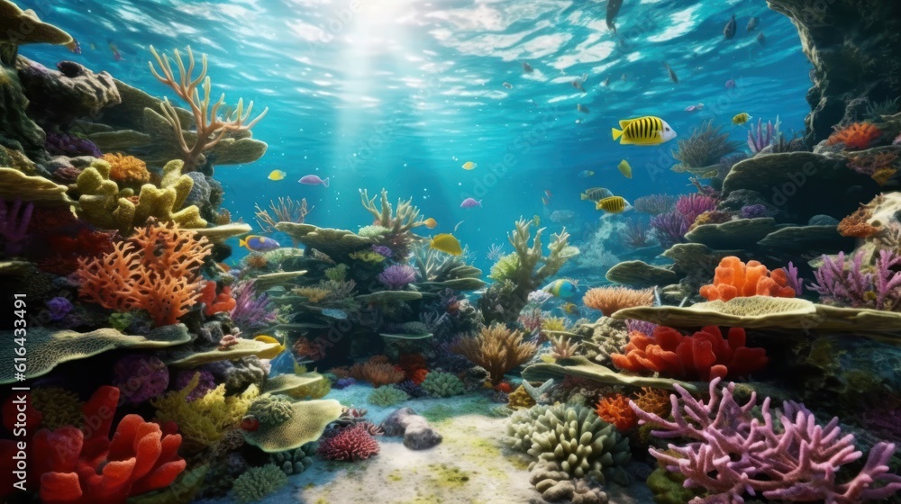 An underwater reef ecosystem. Colorful coral reefs and underwater life show the importance of nature conservation. Created with Generative AI.