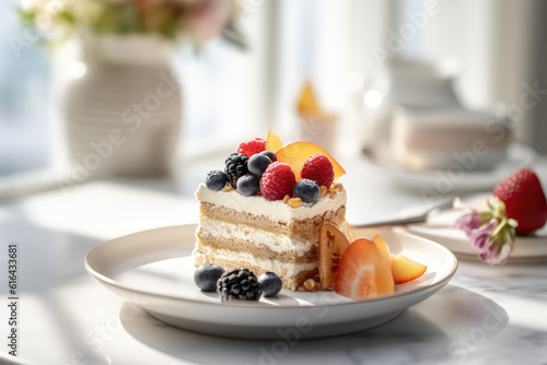 Slice of vanilla sponge cake with white cream and fresh strawberries  blueberries. Slice of cake with layers in background of kitchen in white interior. Generative AI professional photo imitation.