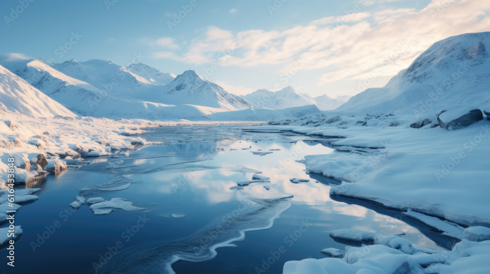 Grandiose icebergs float amidst the serene expanse of the Arctic Ocean