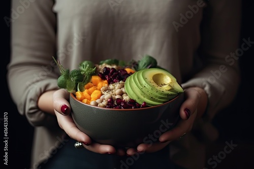 AI GENERATIVE, Healthy breakfast, Woman holds a bowl with a healthy breakfast of yogurt and fruit, with oat flakes Concept of clean diet, vegetarian, vegan food.