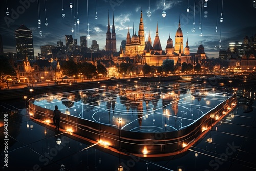 A mesmerizing city skyline illuminated at night with futuristic digital overlays symbolizing the integration of smart city technology