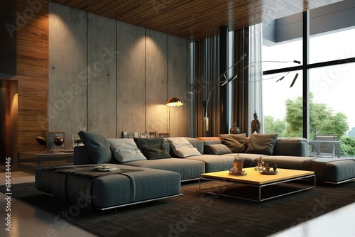interior house with simple white background mock up. grey velvet sofa with green plaid on . modern space concept. 3d render. Illustration,Generative AI