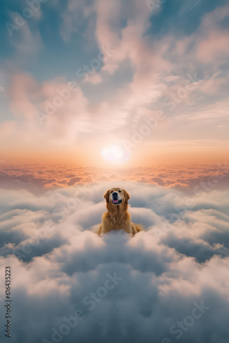 illustration of a golden retriever pet animal in a natural landscape setting surrounded by clouds and greenery representing pet loss and grief - generative ai art