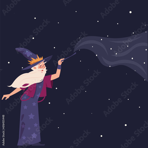 Cartoon wizard with magic wand. Star sky background. Character in robes costume and hats with silver beard. Sorcerer making mystery spell. Witchcraft male mascot. Vector illustration